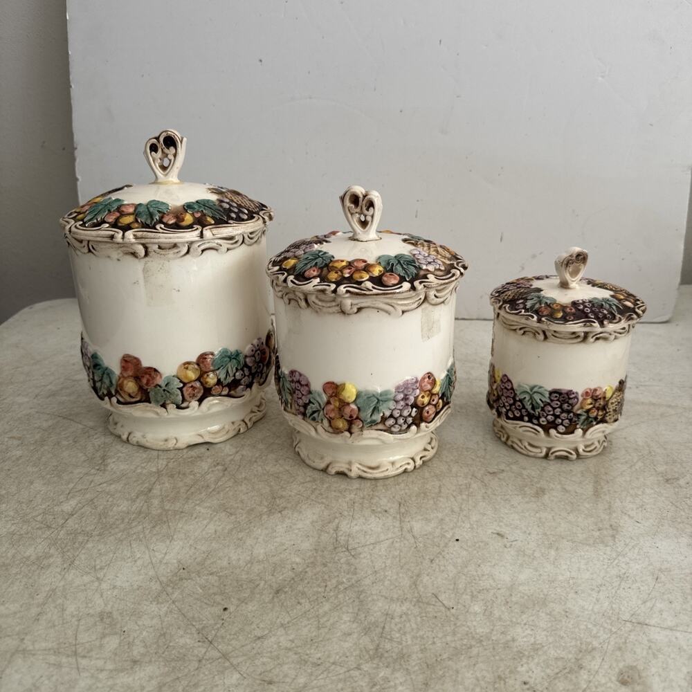 Vintage Lefton Della Robia Robbia Ceramic Canisters Fruit 3487 Japan Set of 3